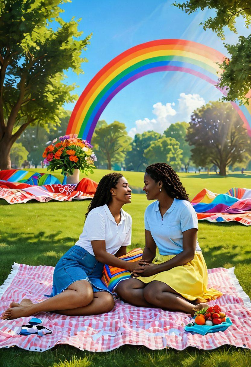 A sunlit park scene showcasing two diverse individuals sharing an intimate moment, with colorful picnic blankets and blooming flowers around them. In the background, a rainbow flag flutters gently in the breeze, symbolizing love and acceptance. The atmosphere is warm and inviting, filled with lush greenery and a soft, pastel sky. super-realistic. vibrant colors. 3D.