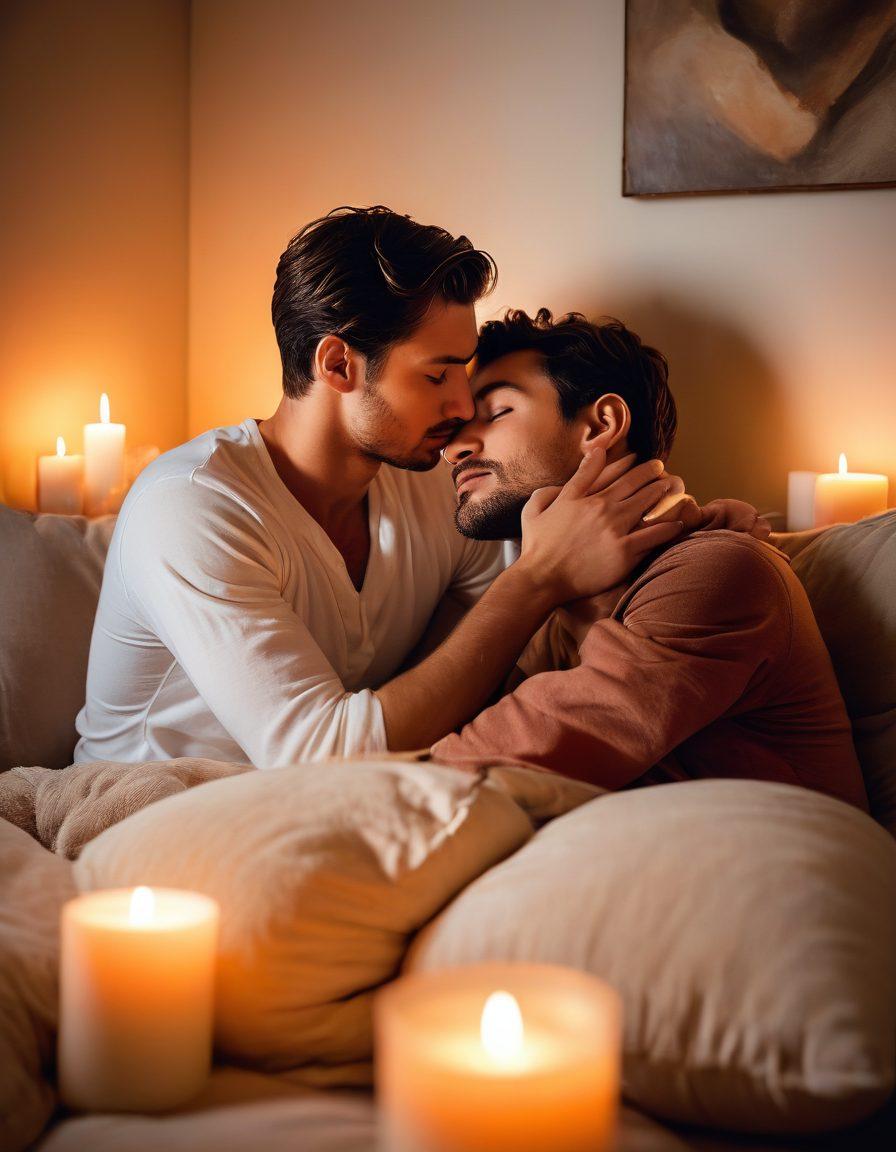 A warm, intimate scene depicting two men sharing a tender moment in a cozy, softly-lit environment, surrounded by plush cushions and candles. Their expressions convey love and connection, emphasizing the beauty of sensual relationships. Incorporate elements like an abstract heart shape and soft textures to enhance the romantic atmosphere. soft focus. vibrant colors. intimate atmosphere.