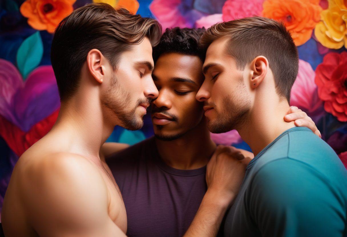 A passionate embrace between two diverse male couples in an intimate setting, surrounded by colorful artwork symbolizing love and desire. Soft warm lighting enhances the tender expressions on their faces, creating an atmosphere of connection and intimacy. Include elements like candles, vibrant flowers, and abstract art to evoke a sense of exploration and emotion. super-realistic. vibrant colors. soft focus.